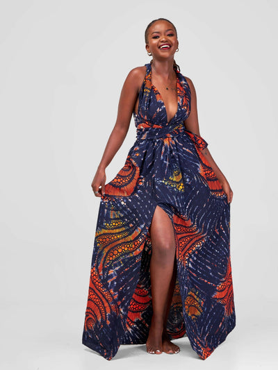 African Yuva Rembo Maxi Dress - Navy / Orange Swirl Kitenge - Shopzetu