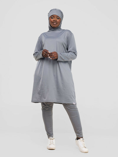 Zaiba Creations Modest Workout Hooded Tunic Top & Legging - Grey - Shopzetu