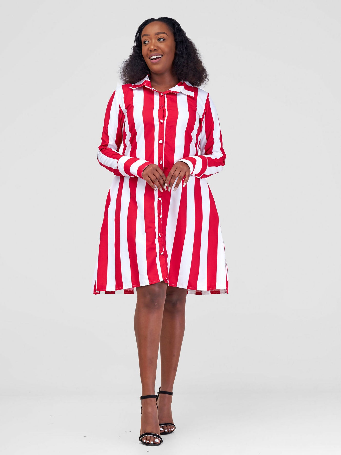 Steady Wear Stripped Shirt Dress - Stripped Red & White - Shopzetu