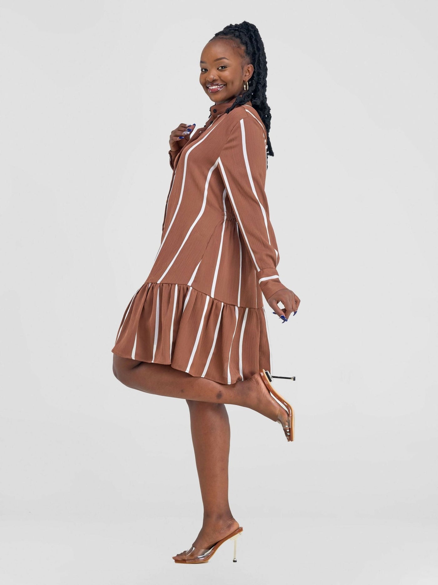 Kilele Collection Romp Stripped Shirt Dress - Brown - Shopzetu