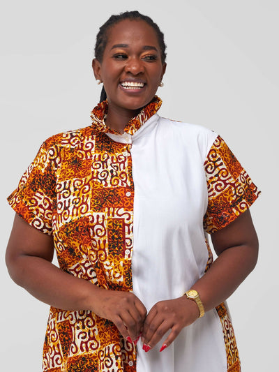 Vazi Afriq Cotton Ankara Shirt Dress - Brown Tribal - Shopzetu