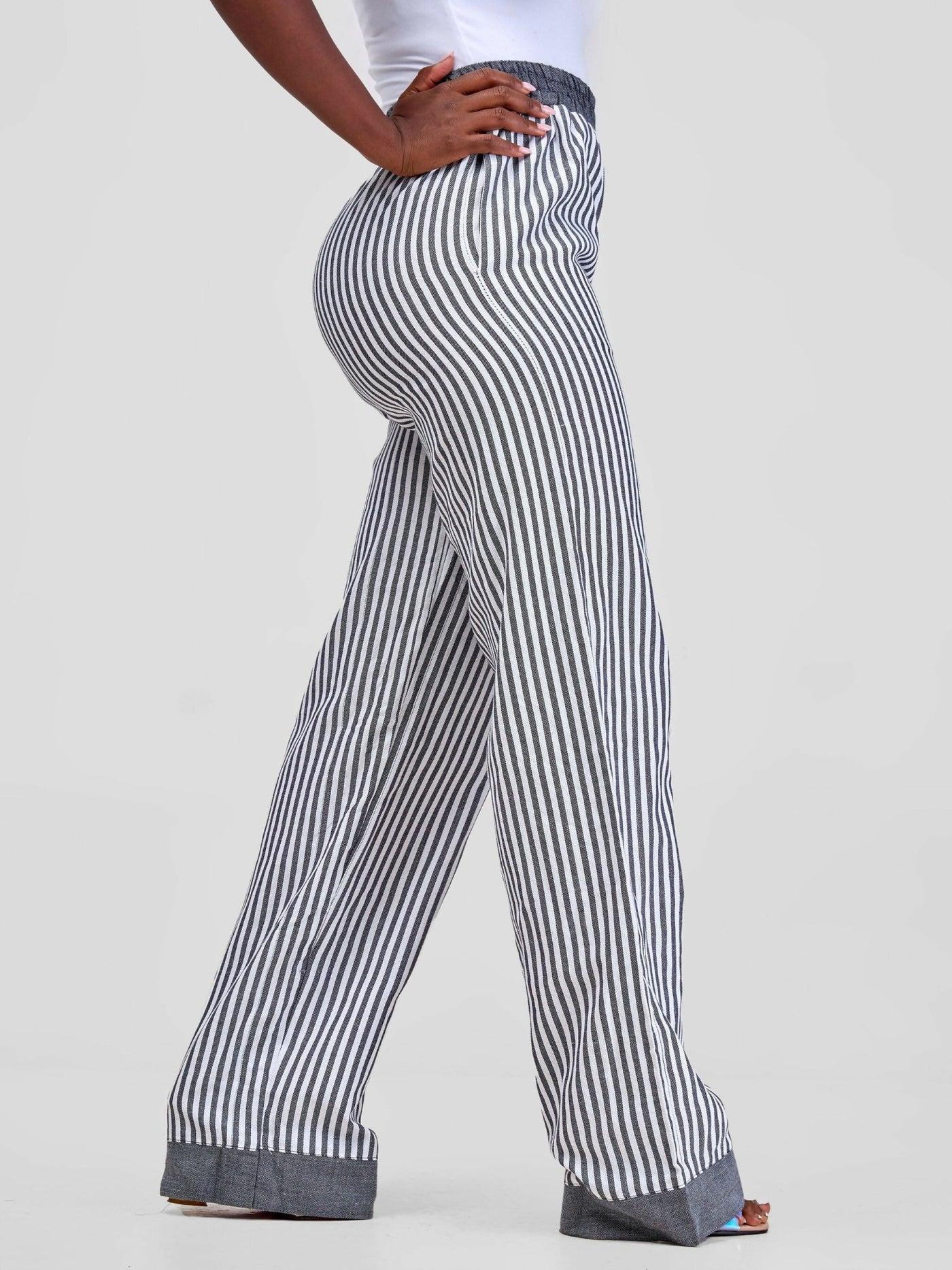 Liquid Lemn Wide Leg Striped (Mistari) Pants With Border - Grey - Shopzetu