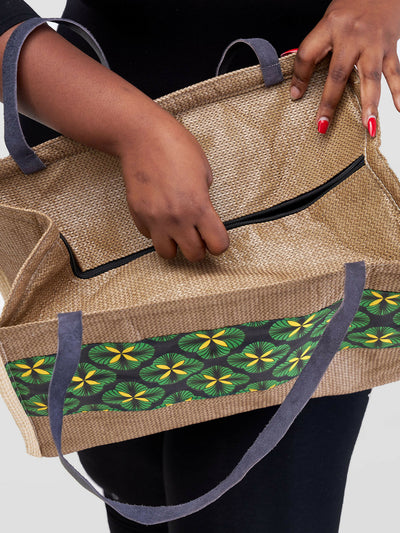 Jute Tote Bag - Brown / Green Print