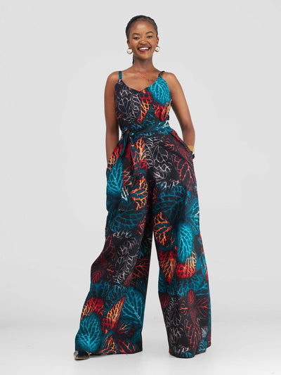 African Yuva Ava African Print Jumpsuit - Blue / Black Print - Shopzetu