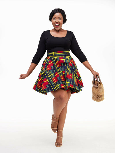 Vazi Afriq Ankara Skater Skirt - Red / Yellow Print - Shopzetu