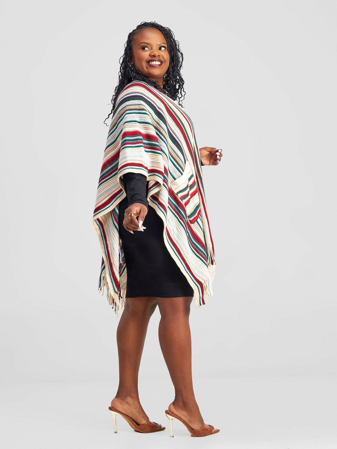 Afrodame Stripped Poncho - Cream