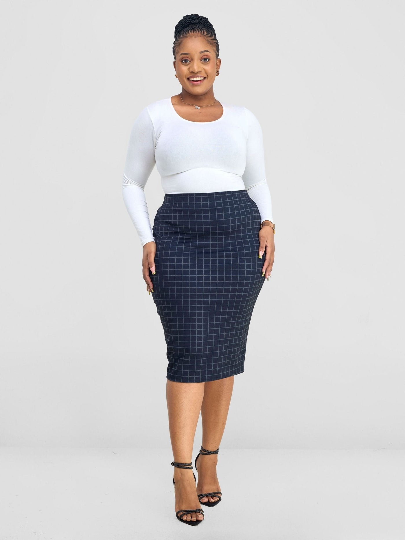 Vivo Paji Pencil Skirt - Navy Checkered Print - Shopzetu