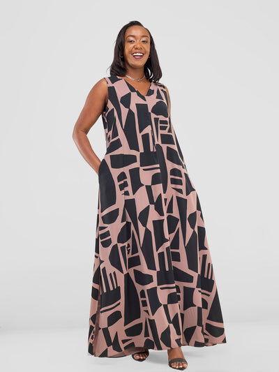 Vivo Ava Front Pleat Maxi Dress - Beaver / Black Samba Print