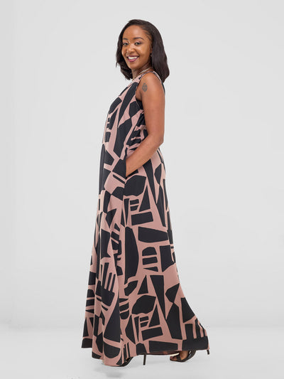 Vivo Ava Front Pleat Maxi Dress - Beaver / Black Samba Print