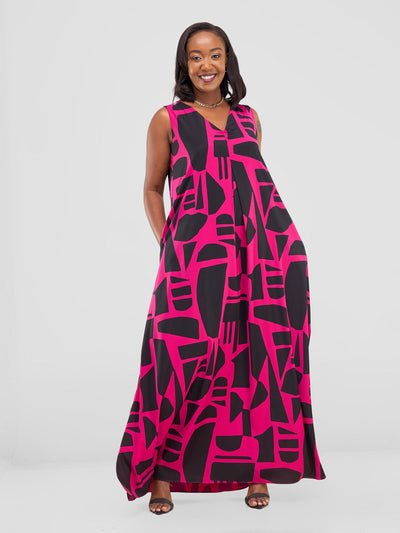 Vivo Ava Front Pleat Maxi Dress - Hot Pink / Black Samba Print - Shopzetu