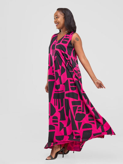 Vivo Ava Front Pleat Maxi Dress - Hot Pink / Black Samba Print - Shopzetu