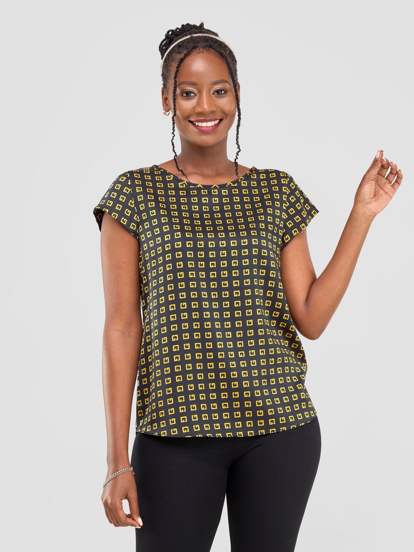 Vivo Basic Satin Cap Sleeve Top - Black / Gold Abstract Print - Shopzetu