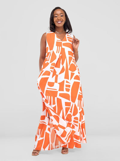 Vivo Ava Front Pleat Maxi Dress - Orange / White Samba Print - Shopzetu