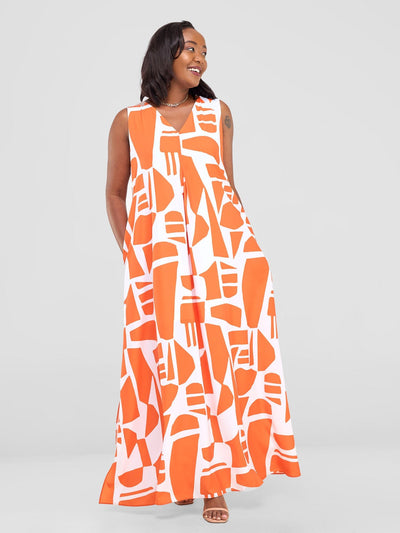 Vivo Ava Front Pleat Maxi Dress - Orange / White Samba Print - Shopzetu