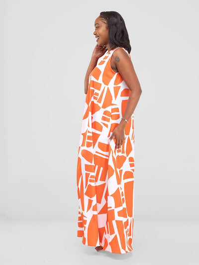 Vivo Ava Front Pleat Maxi Dress - Orange / White Samba Print - Shopzetu