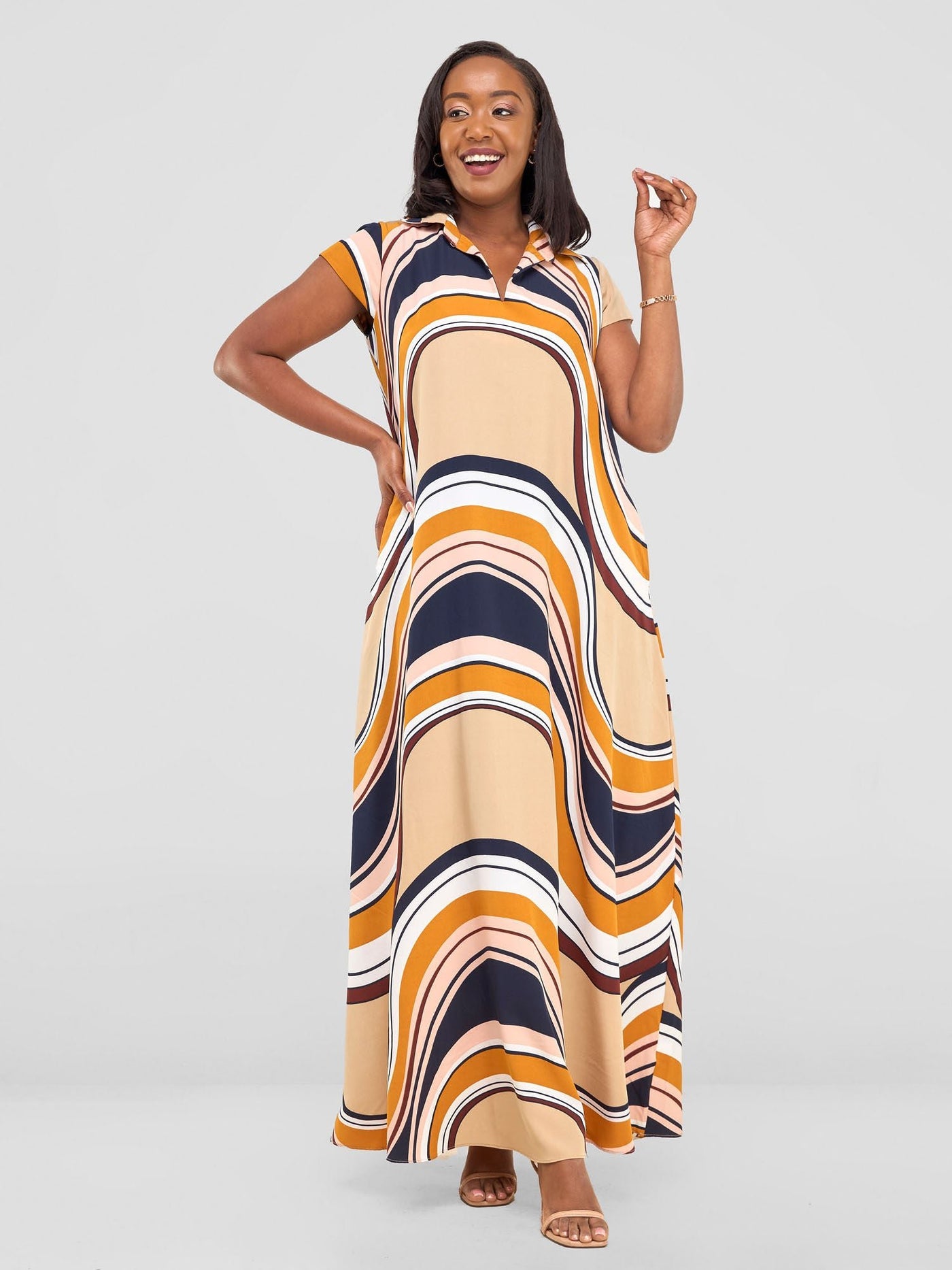 Vivo Zuri Cap Sleeved Maxi Dress - Navy / Rust Spiral Print - Shopzetu