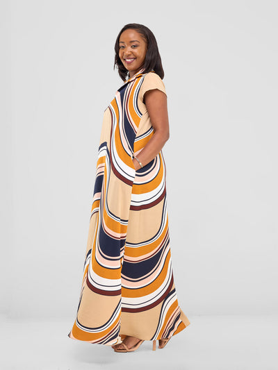 Vivo Zuri Cap Sleeved Maxi Dress - Navy / Rust Spiral Print - Shopzetu