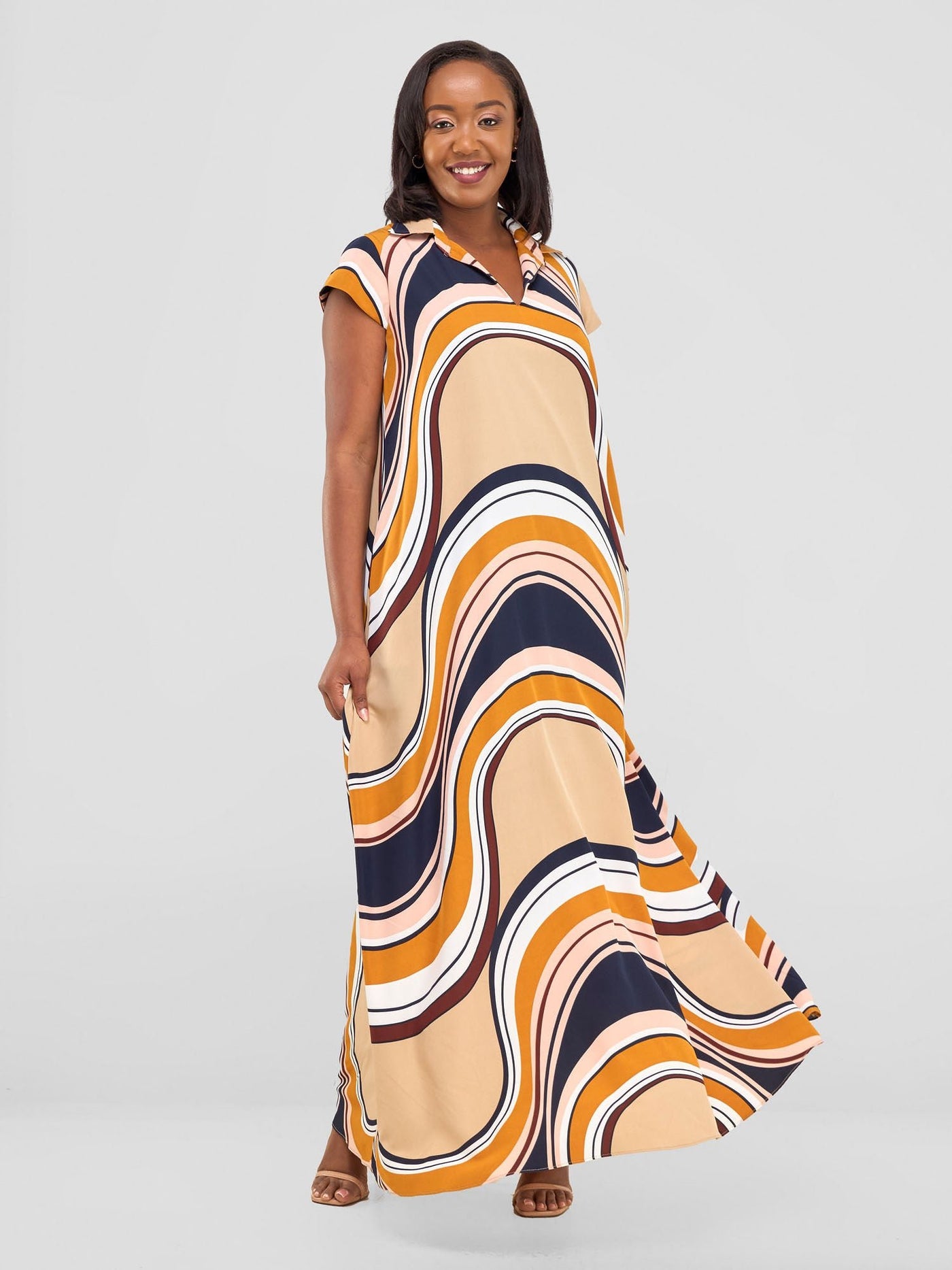 Vivo Zuri Cap Sleeved Maxi Dress - Navy / Rust Spiral Print - Shopzetu