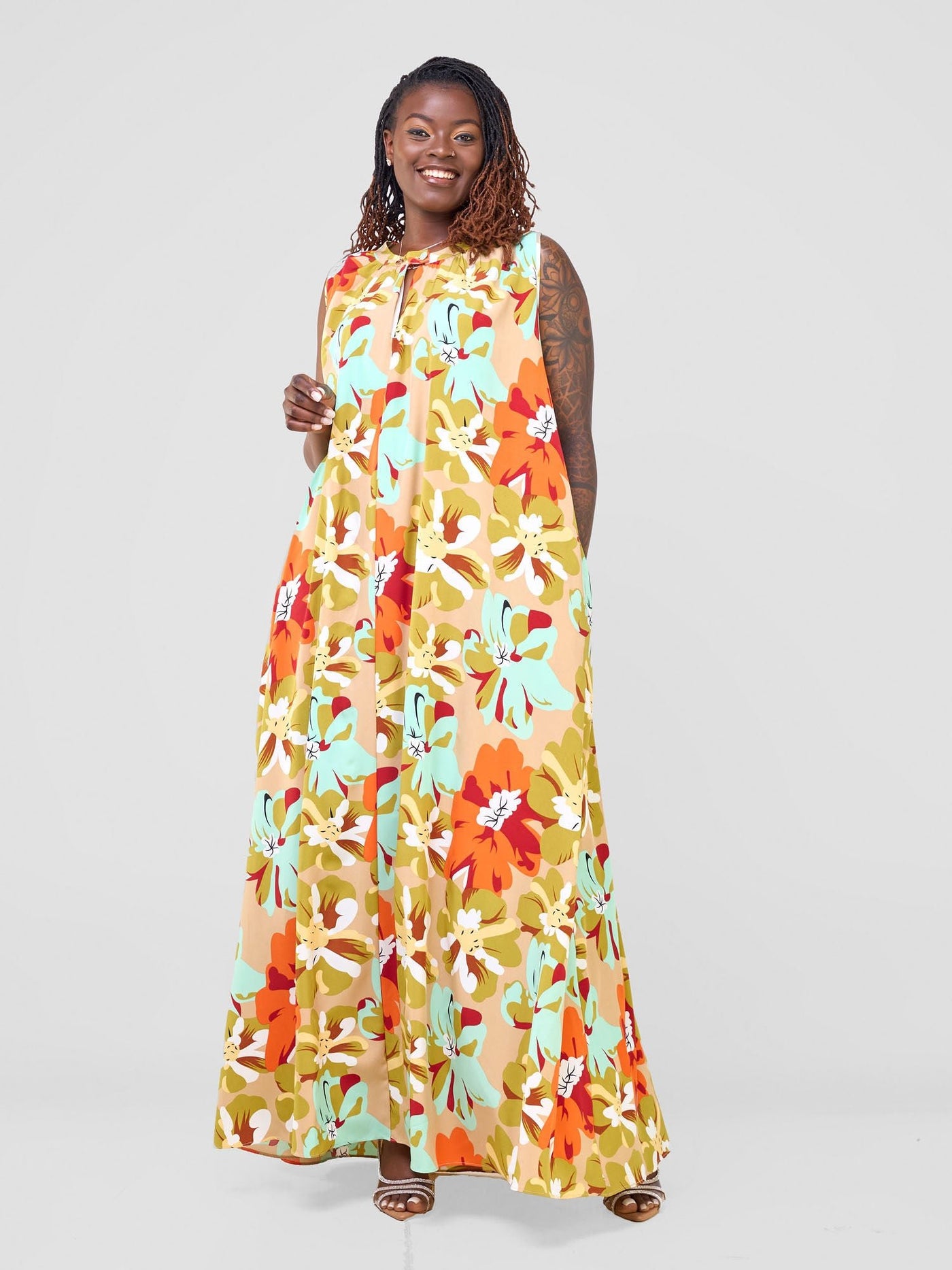 Vivo Ava Tent Maxi Dress - Orange / Olive Multicolor Print - Shopzetu