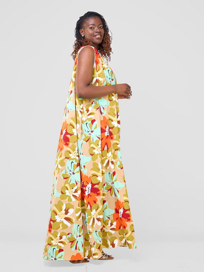 Vivo Ava Tent Maxi Dress - Orange / Olive Multicolor Print - Shopzetu