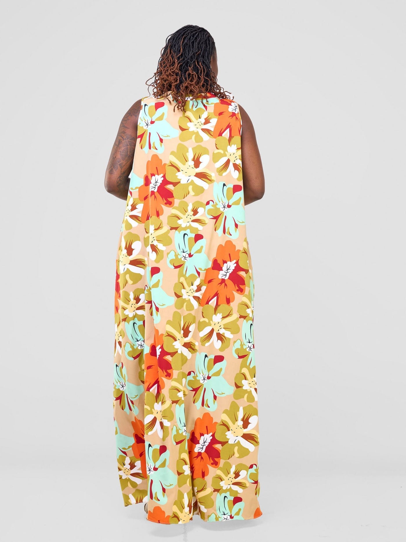 Vivo Ava Tent Maxi Dress - Orange / Olive Multicolor Print - Shopzetu