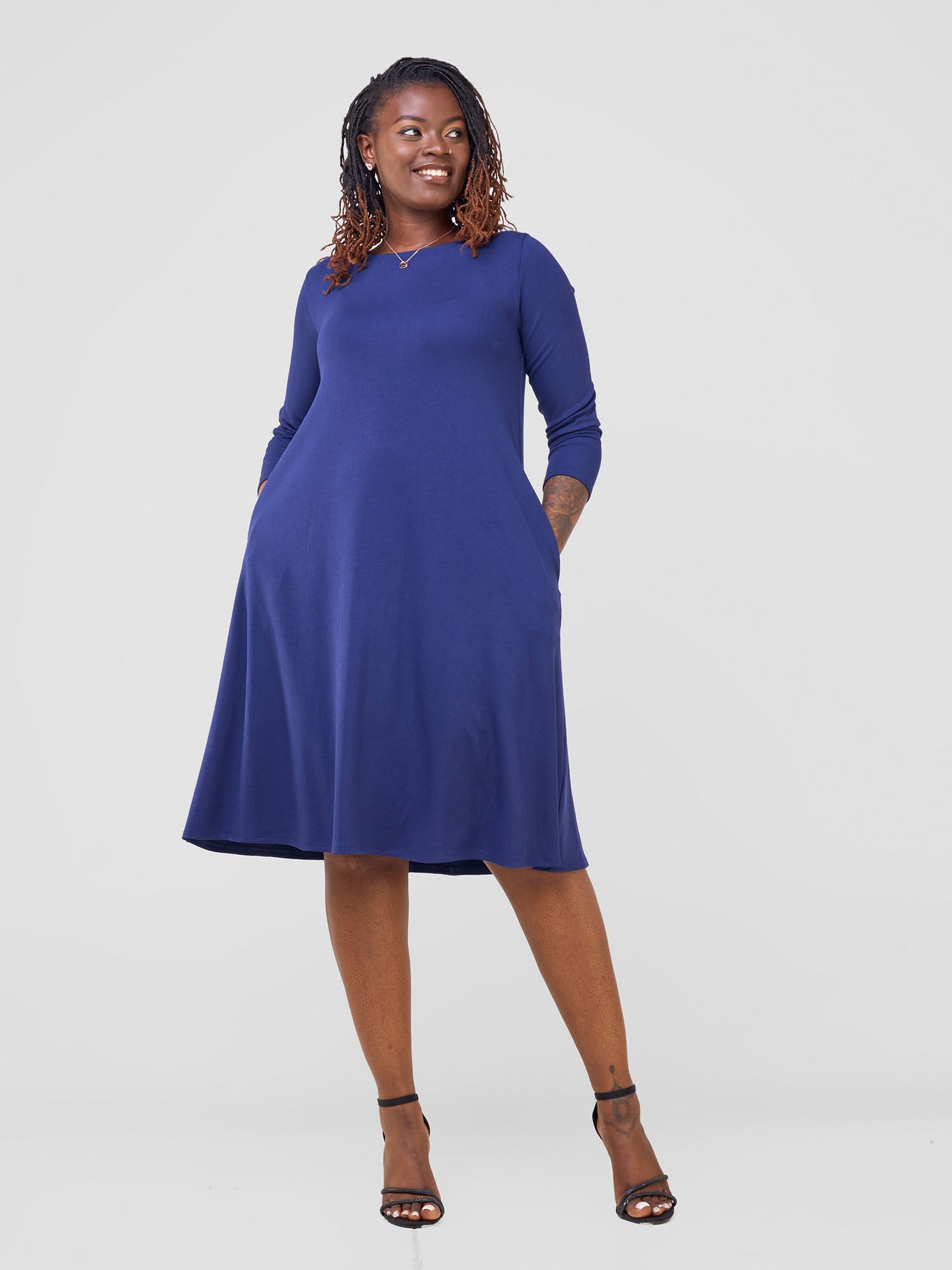 Leila 3/4 Sleeve Tent Knee Length Dress - Navy