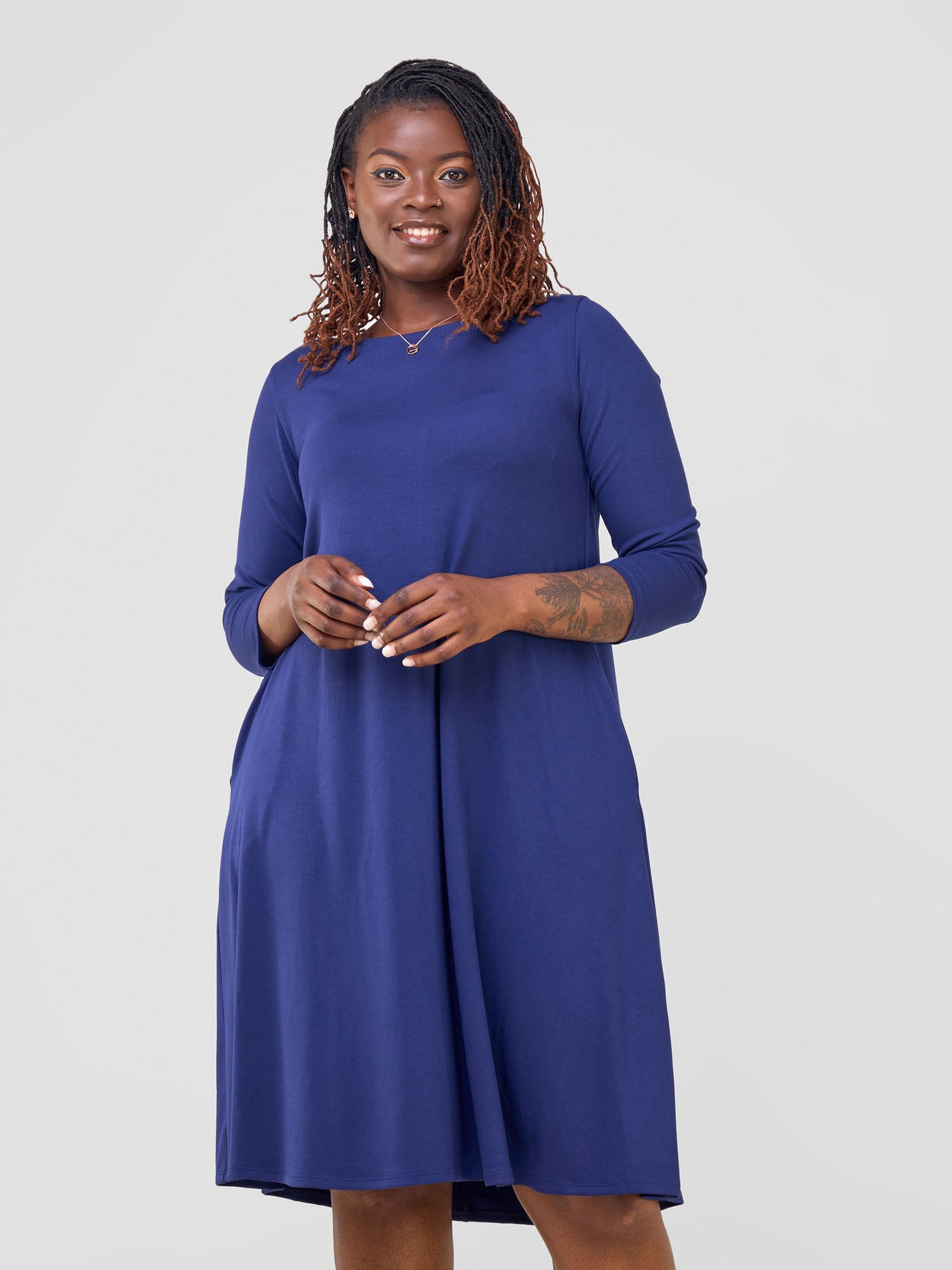 Leila 3/4 Sleeve Tent Knee Length Dress - Navy