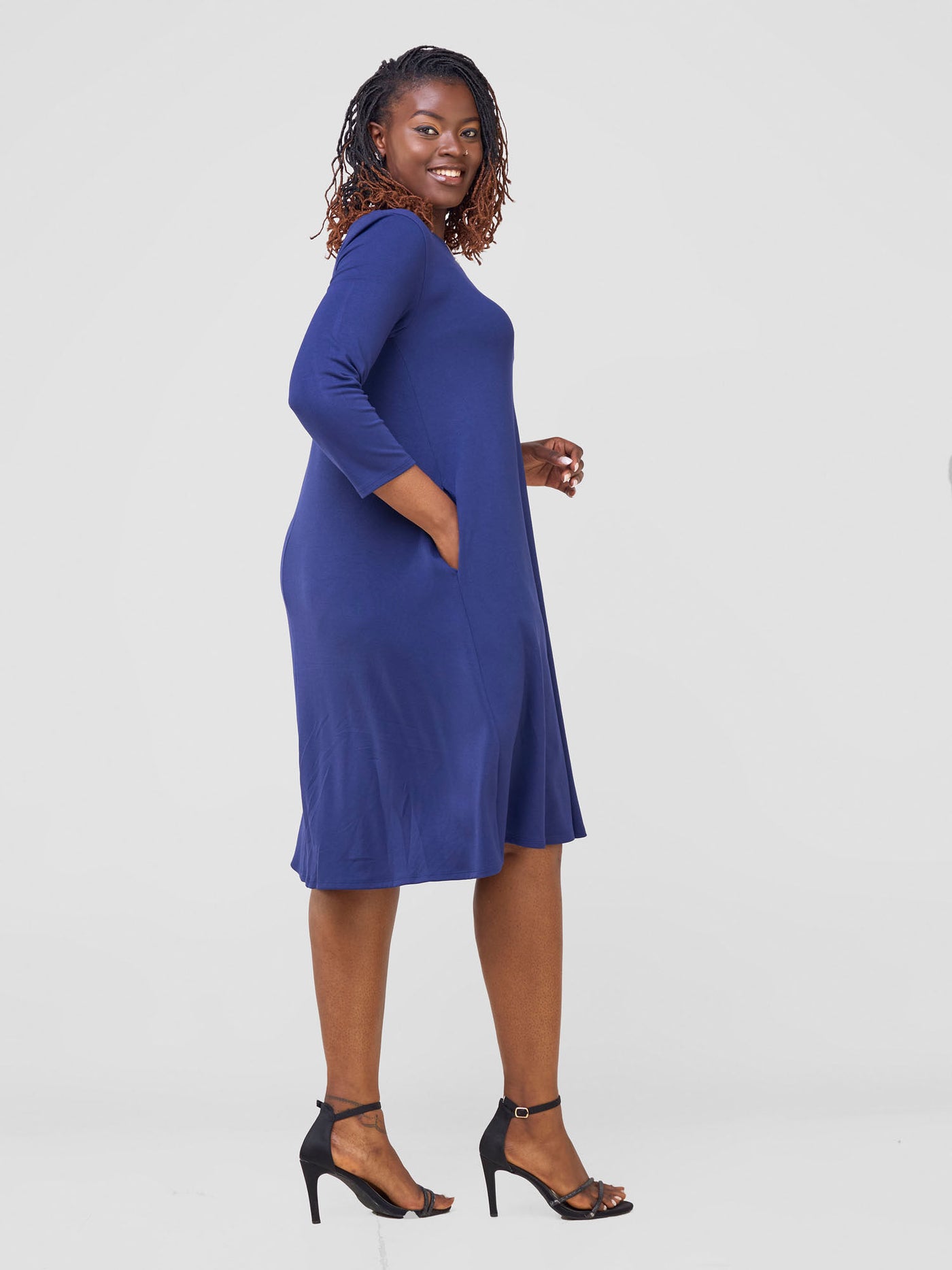 Leila 3/4 Sleeve Tent Knee Length Dress - Navy