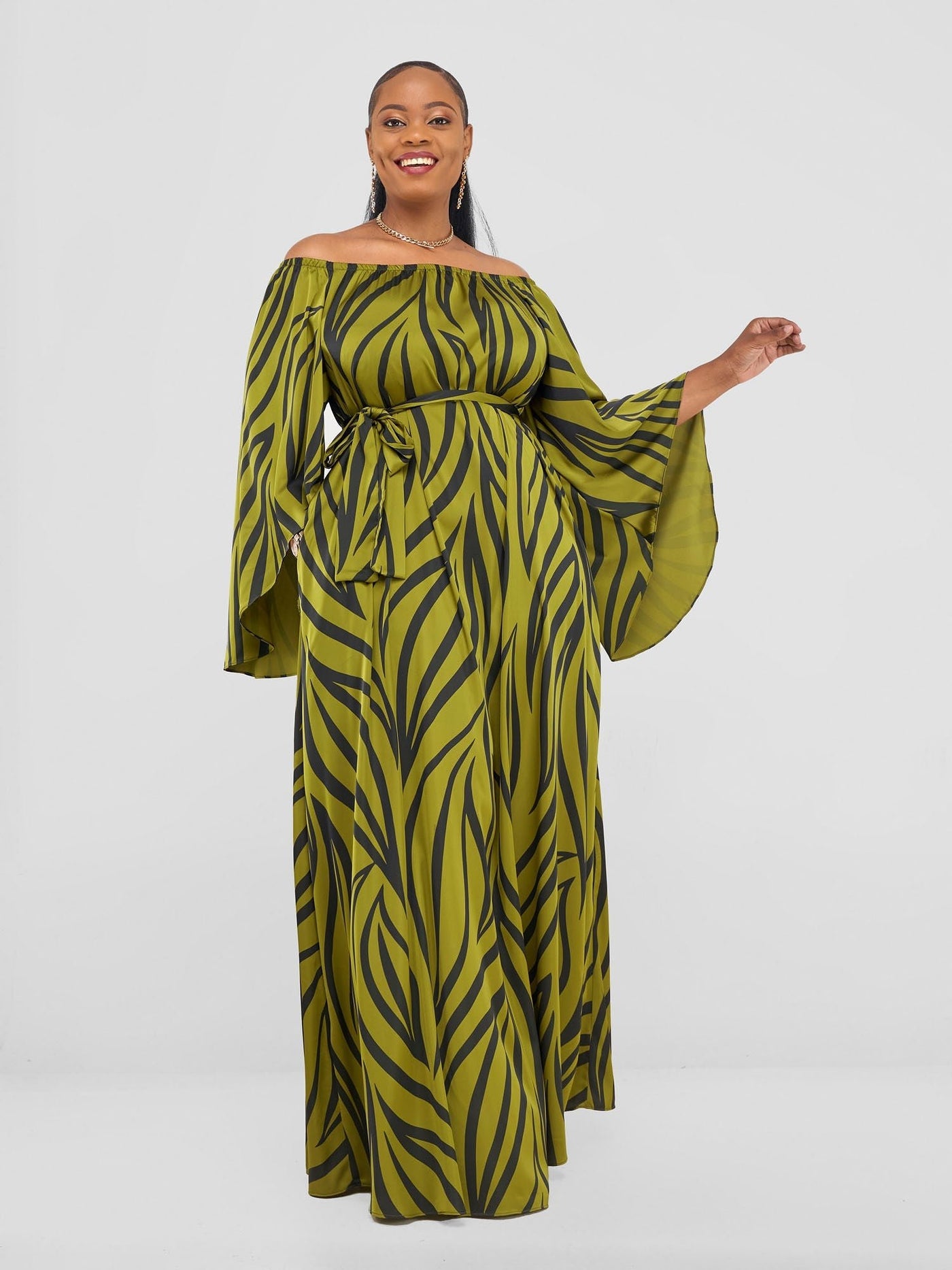 Vivo Chidii Off Shoulder Maxi Dress - Olive / Black Ameli Print - Shopzetu