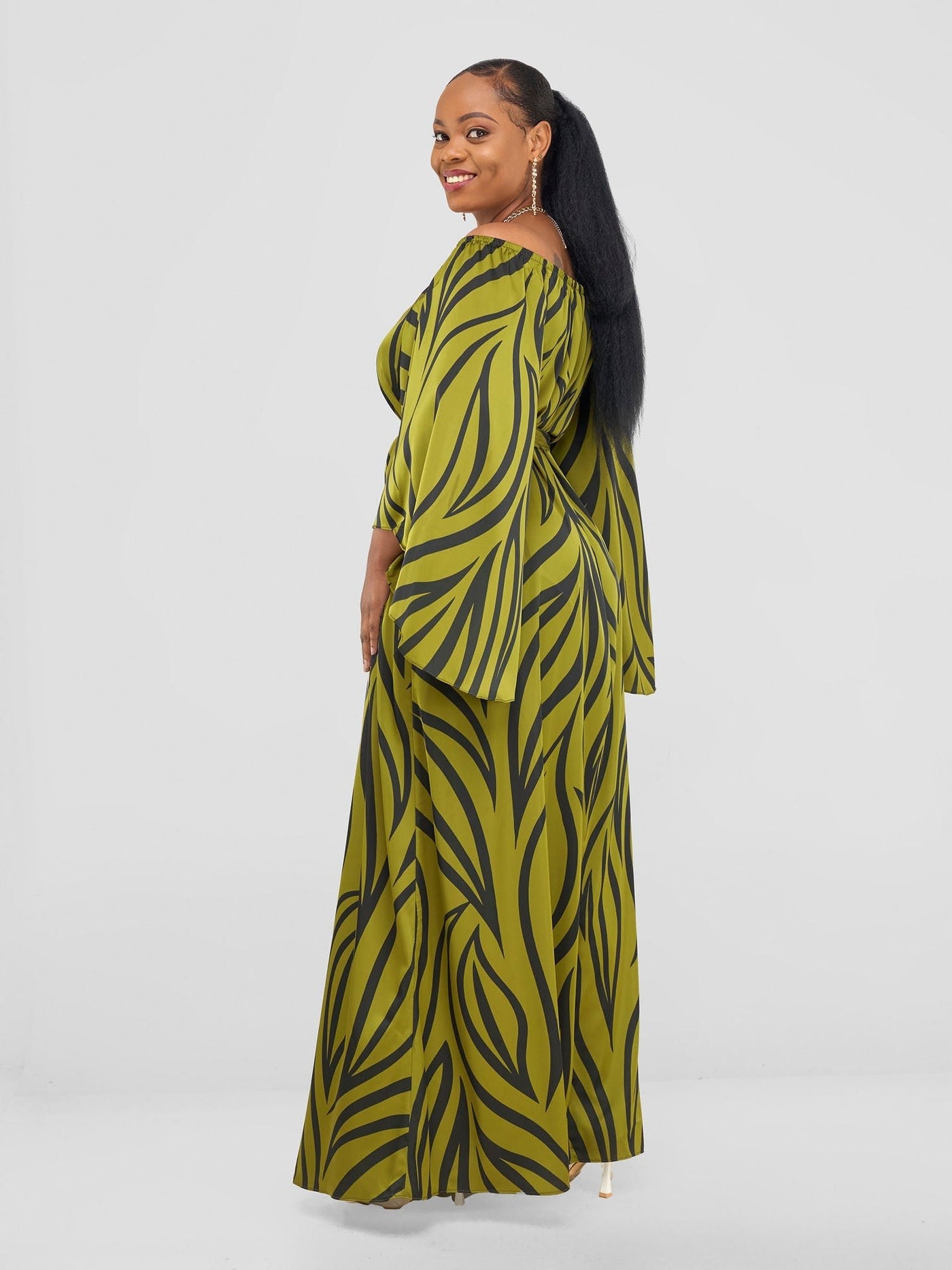 Vivo Chidii Off Shoulder Maxi Dress - Olive / Black Ameli Print - Shopzetu