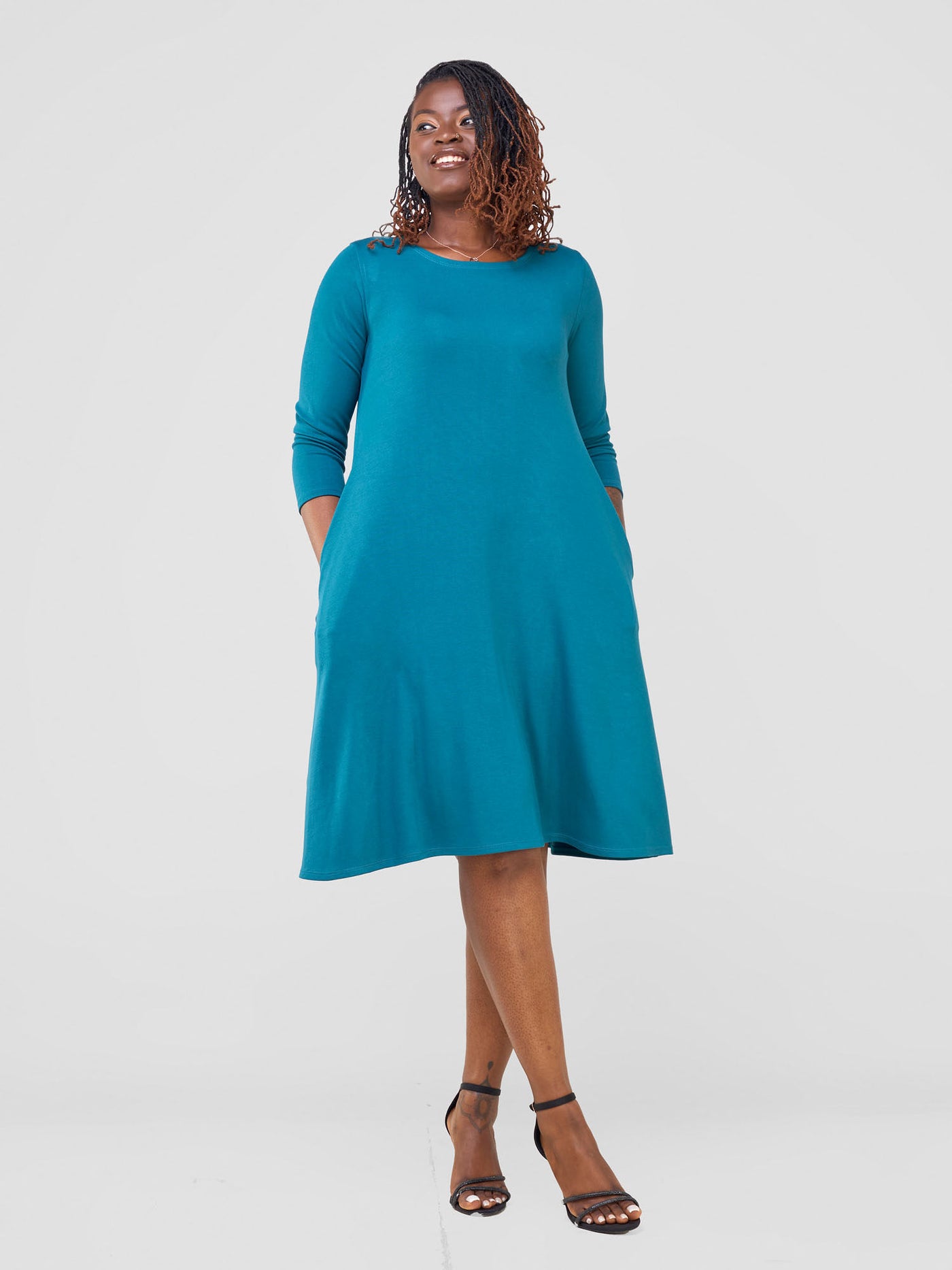 Leila 3/4 Sleeve Tent Knee Length Dress - Teal