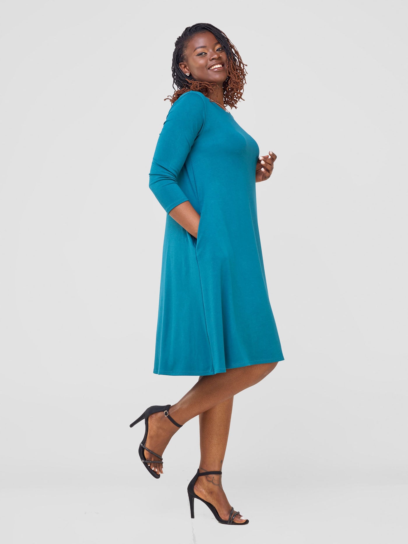 Leila 3/4 Sleeve Tent Knee Length Dress - Teal