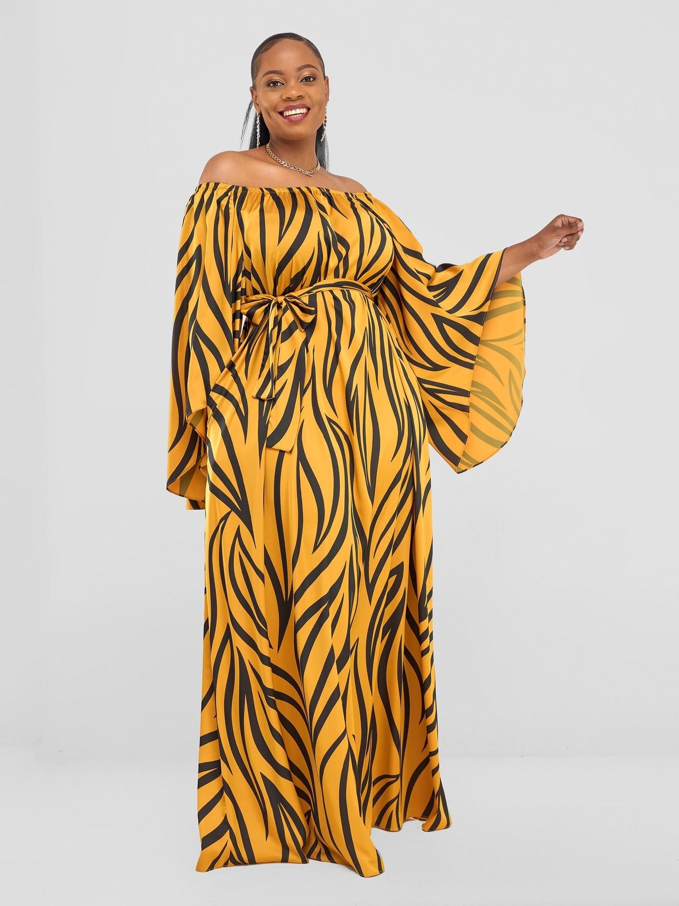 Vivo Chidii Off Shoulder Maxi Dress - Mustard / Black Ameli Print - Shopzetu