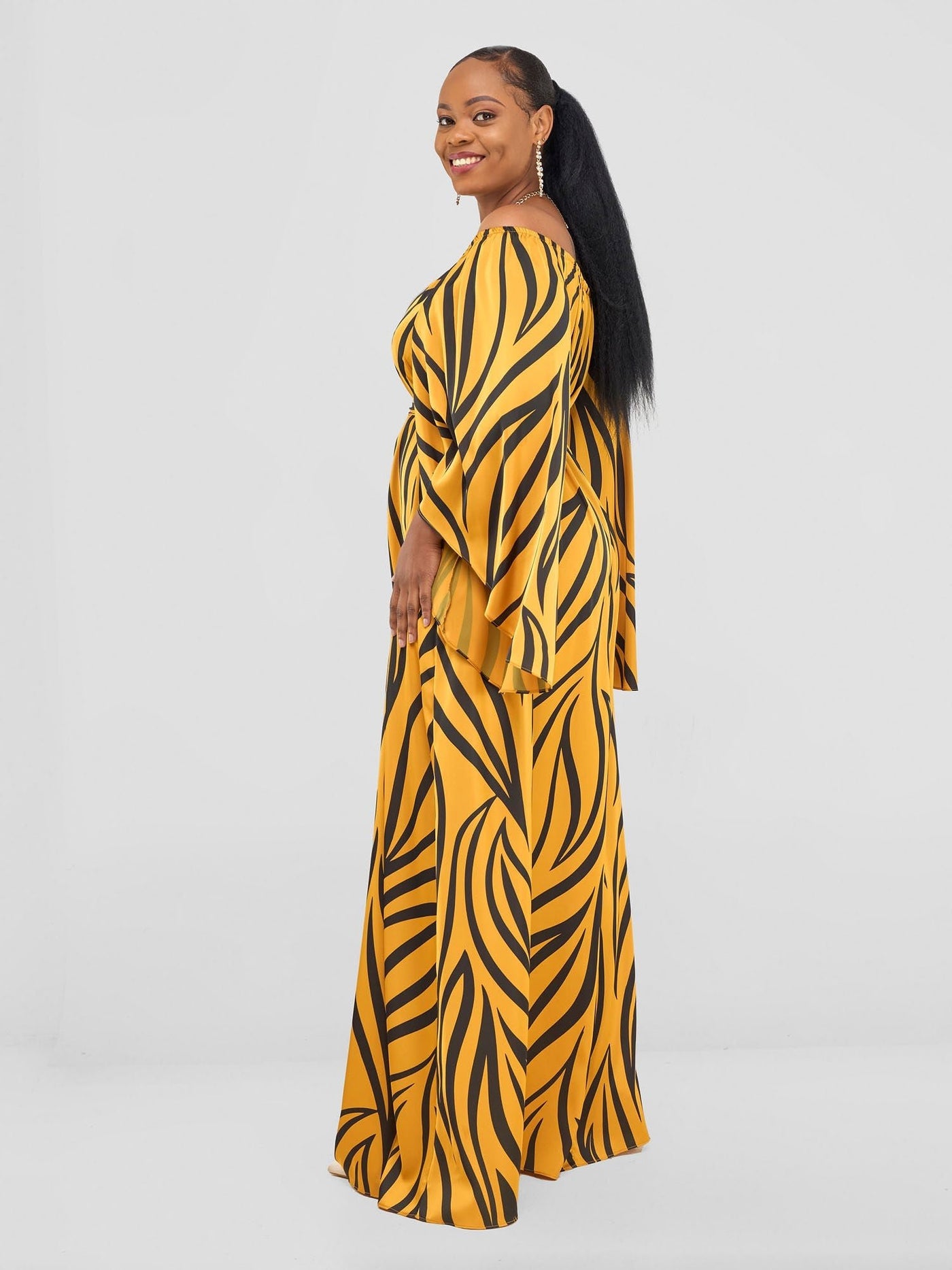 Vivo Chidii Off Shoulder Maxi Dress - Mustard / Black Ameli Print - Shopzetu