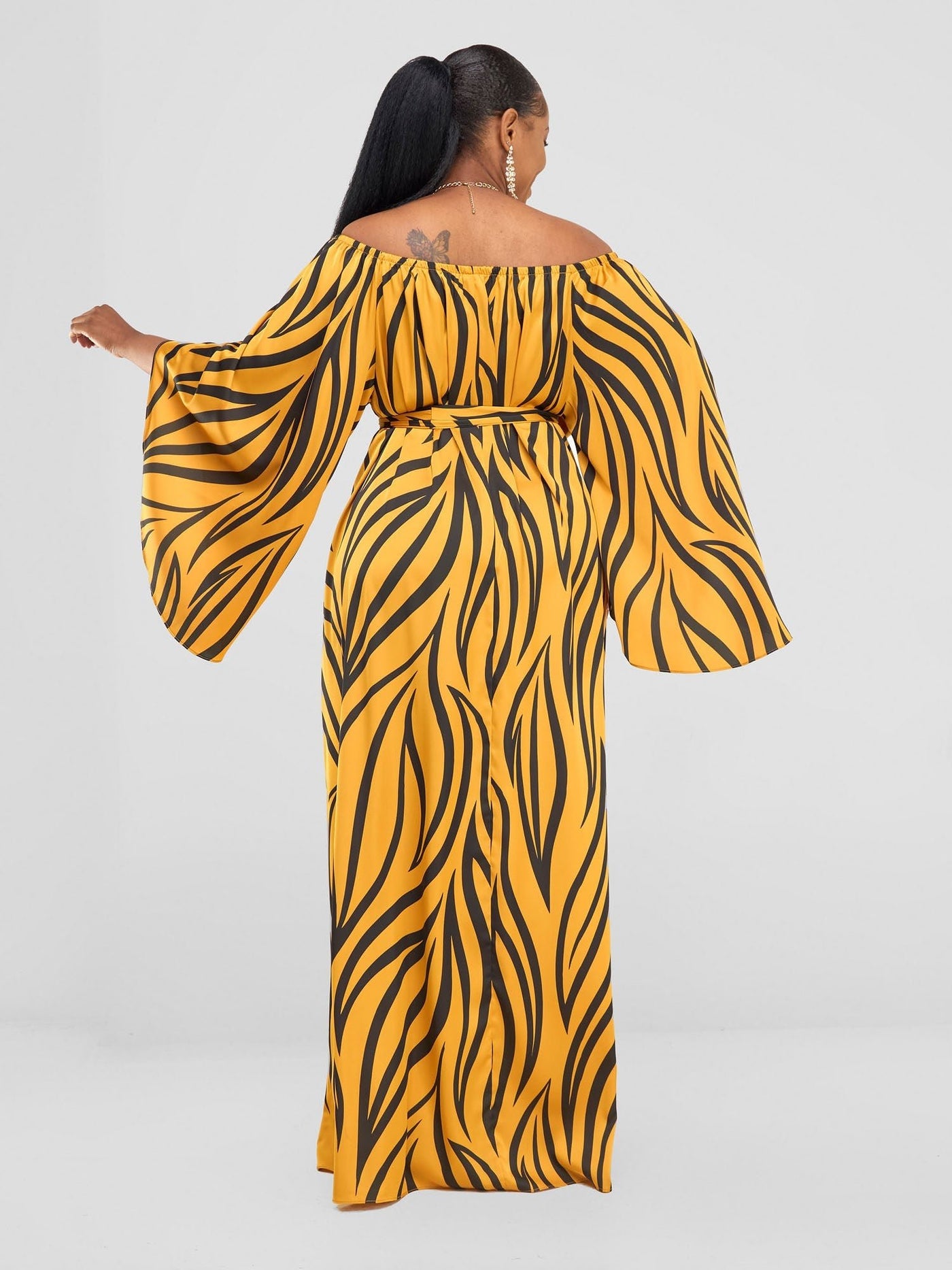 Vivo Chidii Off Shoulder Maxi Dress - Mustard / Black Ameli Print - Shopzetu