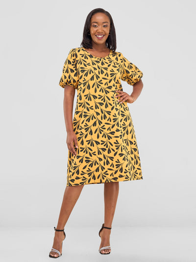 Vivo Pendo Puff Sleeve Shift Dress - Mustard / Black Aura Print - Shopzetu