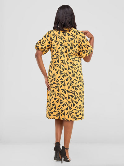 Vivo Pendo Puff Sleeve Shift Dress - Mustard / Black Aura Print - Shopzetu