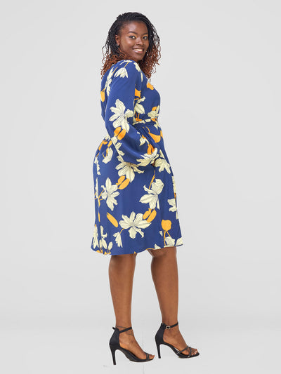 Vivo Tunu Long Slit Sleeve Knee Length Shift Dress - Light Navy / Yellow Aber Print - Shopzetu