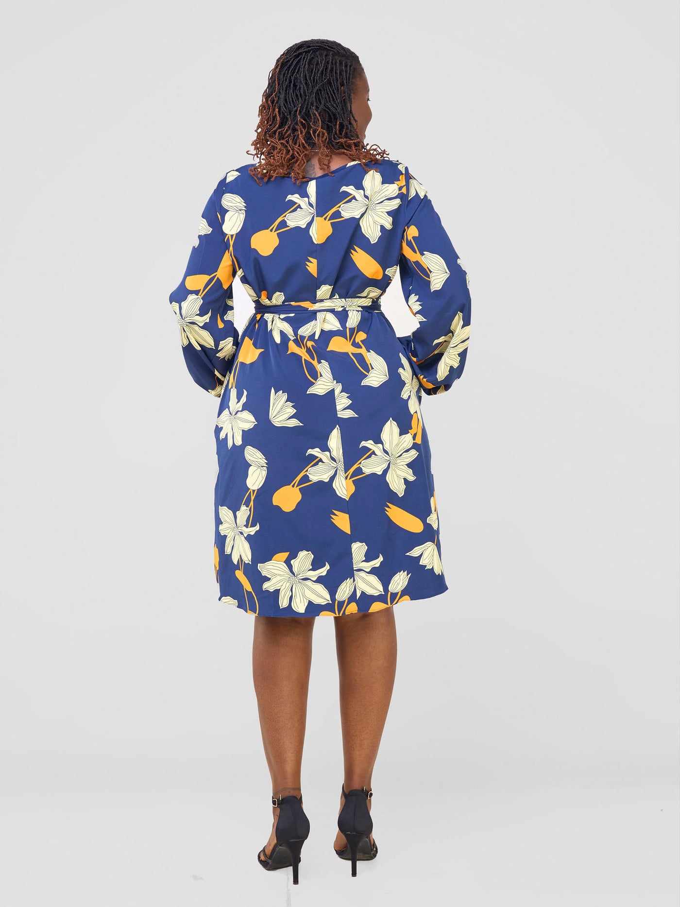 Vivo Tunu Long Slit Sleeve Knee Length Shift Dress - Light Navy / Yellow Aber Print - Shopzetu