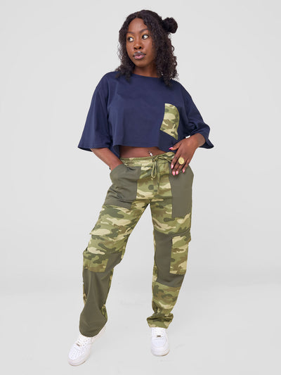 Zoya Temo Crop T- Shirt - Navy / Green Camo