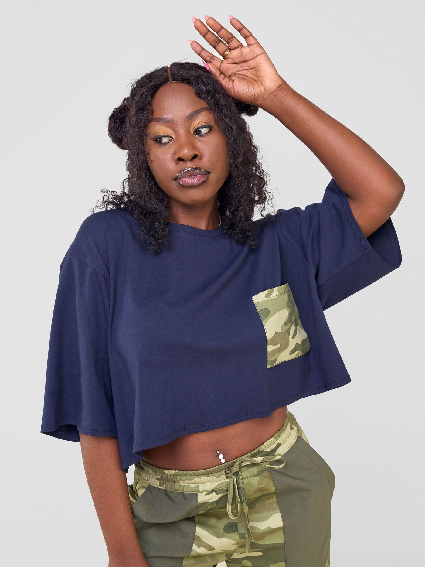 Zoya Temo Crop T- Shirt - Navy / Green Camo