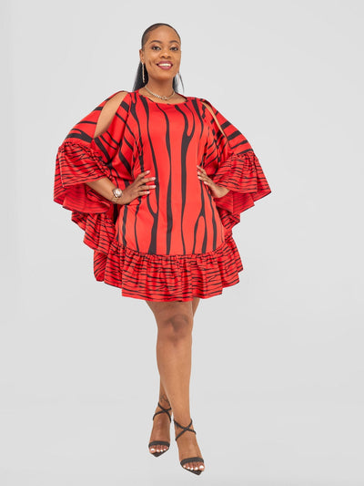 Vivo Chidii Tunic Dress With Frills - Red / Black Sidi Print - Shopzetu