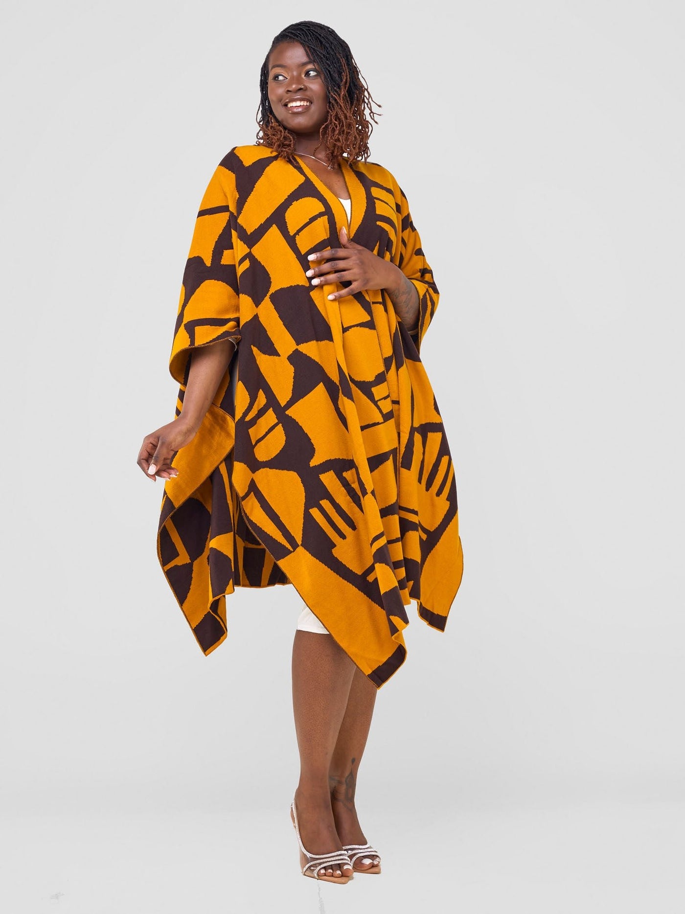 Vivo Reversible Poncho without Fringes - Mustard / Chocolate Brown Samba Print - Shopzetu