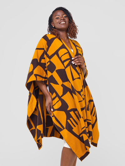 Vivo Reversible Poncho without Fringes - Mustard / Chocolate Brown Samba Print - Shopzetu