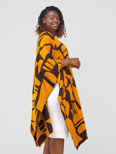 Vivo Reversible Poncho without Fringes - Mustard / Chocolate Brown Samba Print - Shopzetu