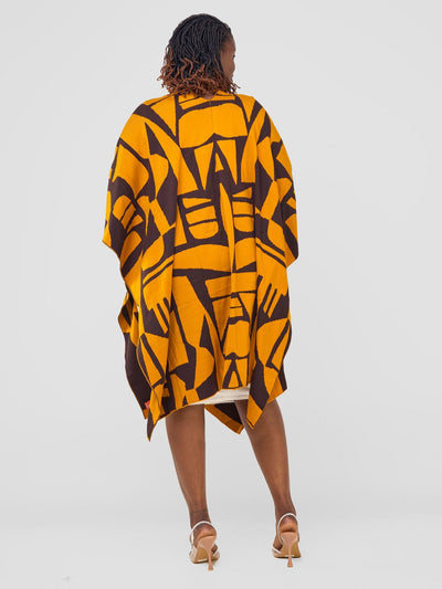 Vivo Reversible Poncho without Fringes - Mustard / Chocolate Brown Samba Print - Shopzetu