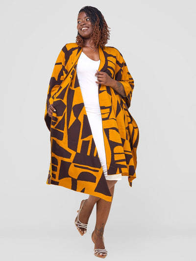 Vivo Reversible Poncho without Fringes - Mustard / Chocolate Brown Samba Print - Shopzetu