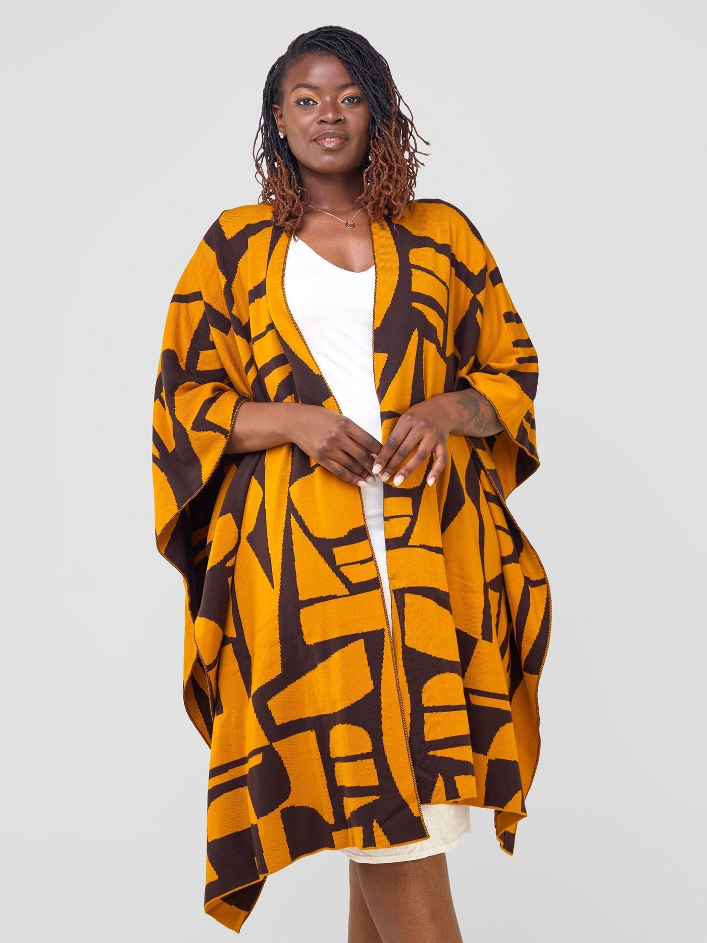 Vivo Reversible Poncho without Fringes - Mustard / Chocolate Brown Samba Print - Shopzetu