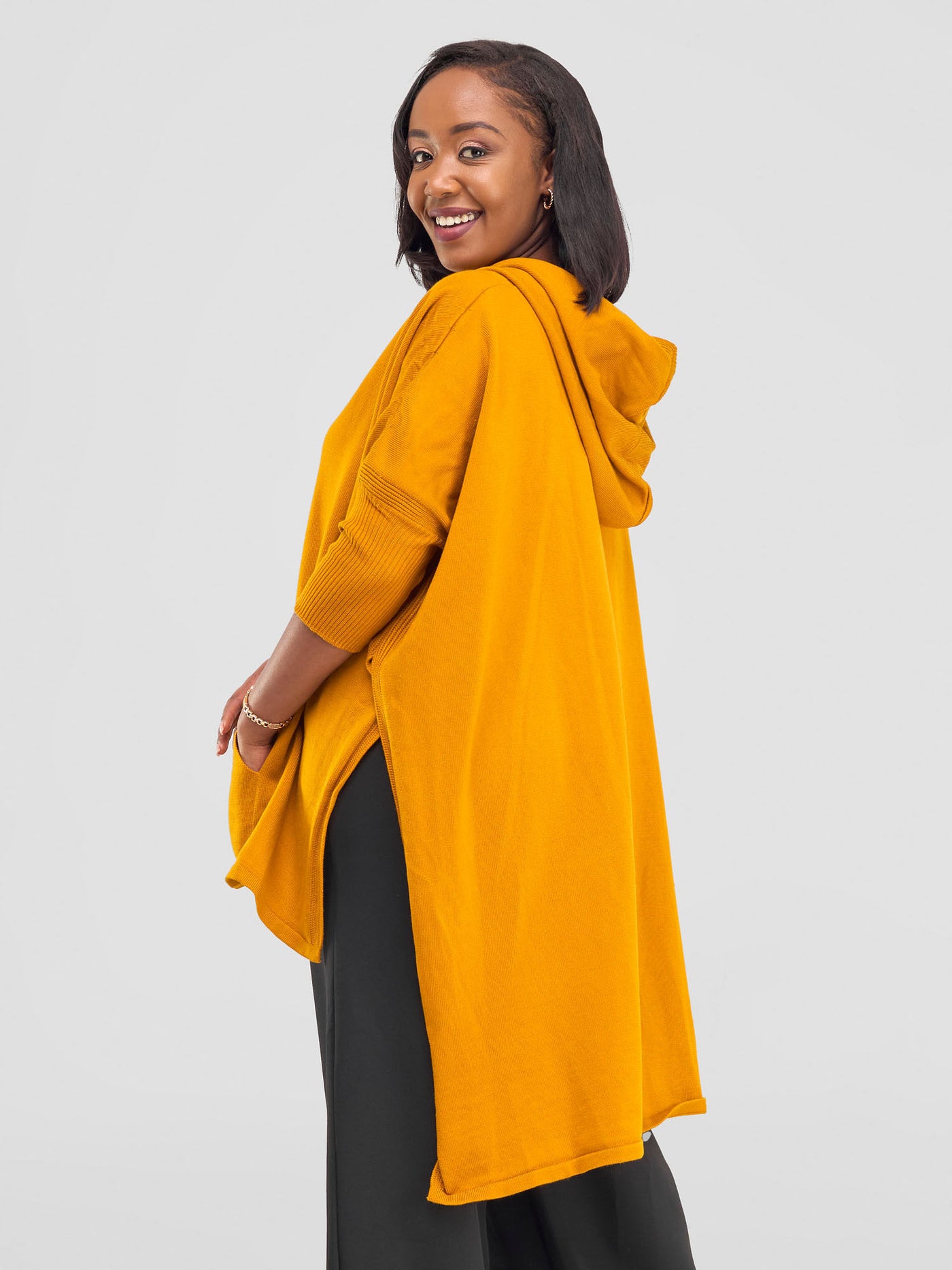 Vivo Hoodie High Low Poncho - Mustard