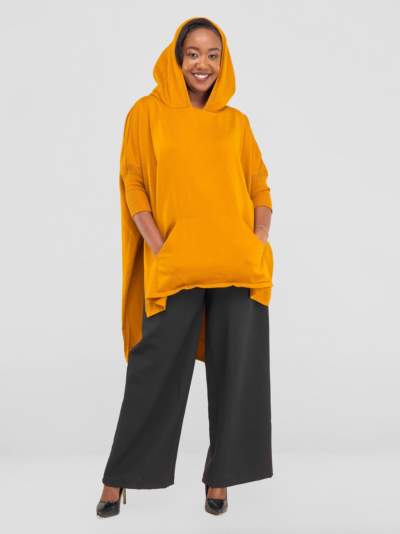 Vivo Hoodie High Low Poncho - Mustard